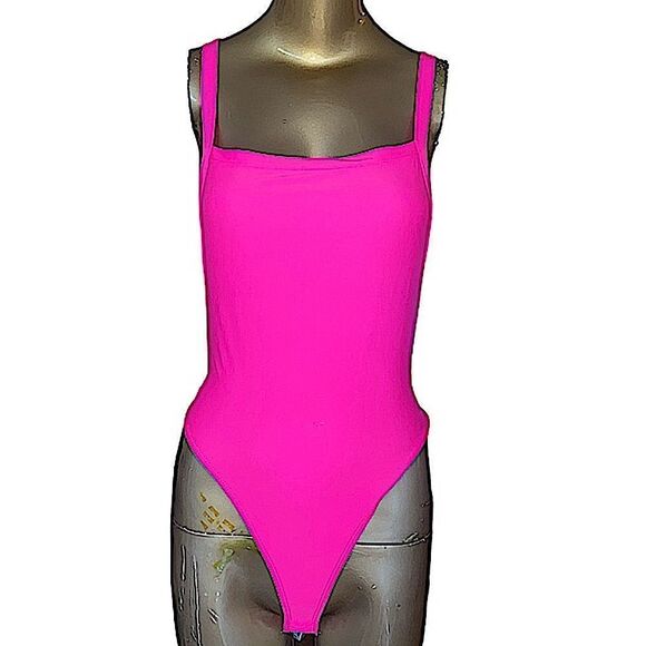 Neon, pink high, cut adjustable strap bodysuit . So small. Snap crotch - Picture 1 of 7